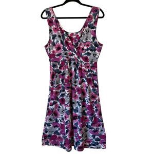 Garnet Hill Pink & Gray Floral Empire Waist Sleeveless Dress Sz M Babydoll